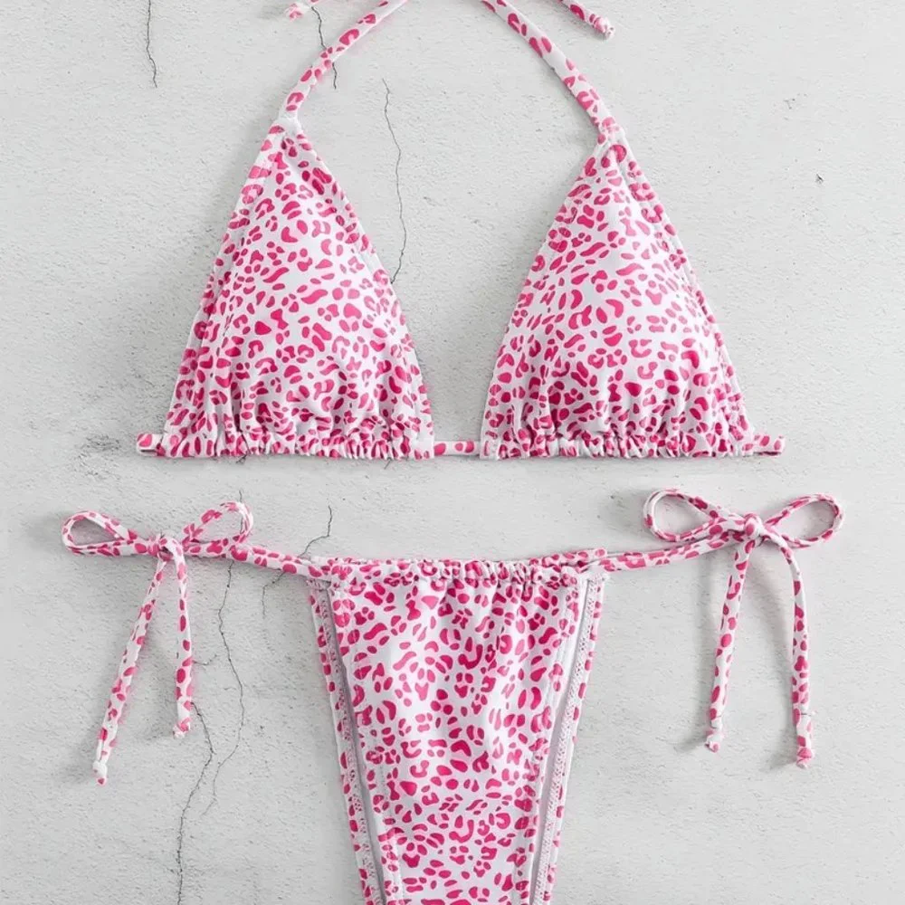 2 Piece Swimsuit, Halter Tide Side Triangle Bikini, Spaghetti Strap - Pink